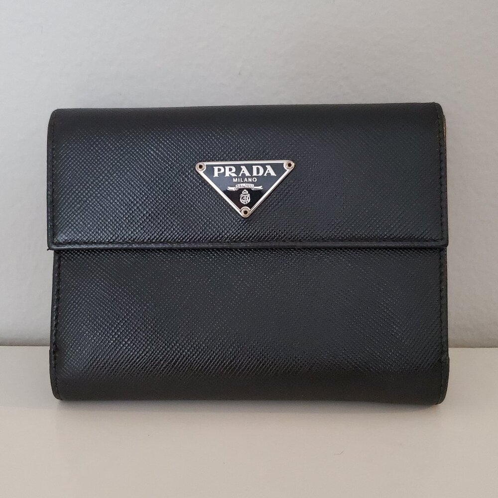 Prada Black Saffiano Leather Wallet with Silver Triangle Logo